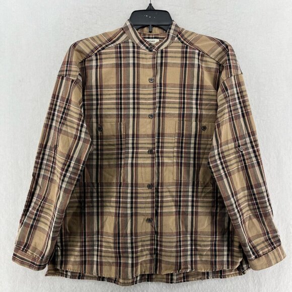 Max Studio Tops - Max Studio Button Up Shirt Women's XS Brown Plaid Oversized Roll Tab Raglan